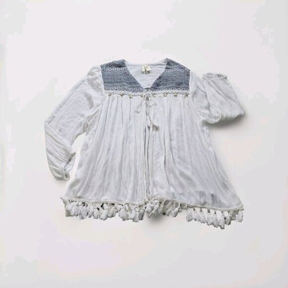 Studio West Apparel Top Womens 2X Ivory Embroidery LS Beach Coastal Gauze Boho - Picture 1 of 16